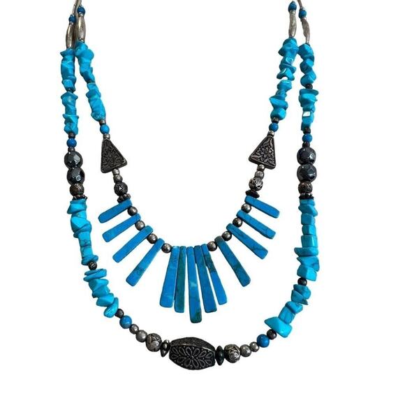 Vintage Silver and Turquoise Double Strand Beaded Necklace - Picture 3 of 10